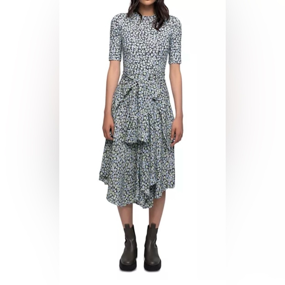 Maje Avianah Floral Tie Waist Midi Dress Size 38 Blue Green Asymmetrical